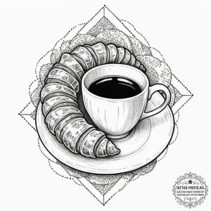 Tattoo sketch a coffee cup on one, a croissan... - эскиз тату (№1752658074_0, 16.07.2025 09:27) — tattoo-photo.ru