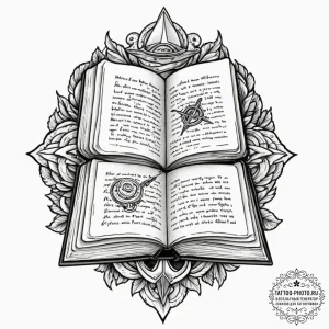 Tattoo design a heavy, ancient book, symboliz... - эскиз тату (№1752659109_0, 16.07.2025 09:45) — tattoo-photo.ru
