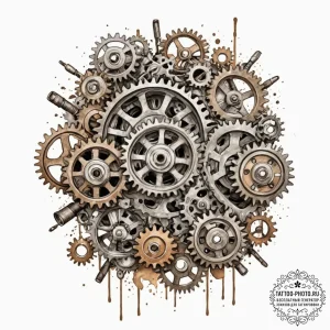 A close-up on the weathered, greasy gears of... - эскиз тату (№1752659350_0, 16.07.2025 09:49) — tattoo-photo.ru