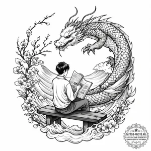 A person reading a newspaper on a park bench.... - эскиз тату (№1752659976_0, 16.07.2025 09:59) — tattoo-photo.ru