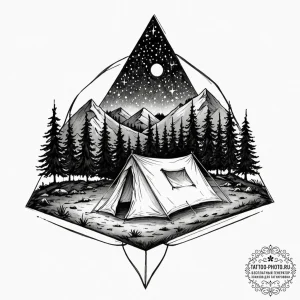 A single, illuminated tent in the vast, dark... - эскиз тату (№1752660131_0, 16.07.2025 10:02) — tattoo-photo.ru