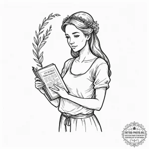 Tattoo design a virgo maiden, holding a book... - эскиз тату (№1752660288_0, 16.07.2025 10:04) — tattoo-photo.ru