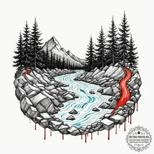 Tattoo design a flowing river carving its way... - эскиз тату (№1752663896_0, 16.07.2025 11:04) — tattoo-photo.ru