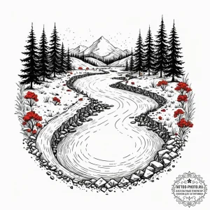 Tattoo design a landscape with a river flowin... - эскиз тату (№1752664866_0, 16.07.2025 11:21) — tattoo-photo.ru