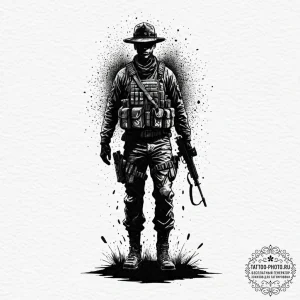 Tattoo sketch a lone soldier silhouette stand... - эскиз тату (№1752666503_0, 16.07.2025 11:48) — tattoo-photo.ru