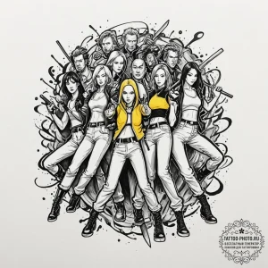 A sketch of the crazy 88 gang from kill bill,... - эскиз тату (№1752666988_0, 16.07.2025 11:56) — tattoo-photo.ru