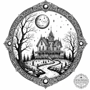 Tattoo sketch a haunted mansion silhouette ag... - эскиз тату (№1752667809_0, 16.07.2025 12:10) — tattoo-photo.ru
