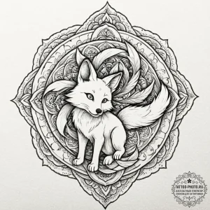 A graphic novel style tattoo of a kitsune, a... - эскиз тату (№1752675543_0, 16.07.2025 14:19) — tattoo-photo.ru