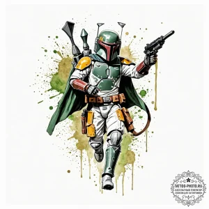 Trash polka style tattoo of boba fett in acti... - эскиз тату (№1752675700_0, 16.07.2025 14:21) — tattoo-photo.ru