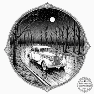 A car driving on a wet road at night, headlig... - эскиз тату (№1752679101_0, 16.07.2025 15:18) — tattoo-photo.ru