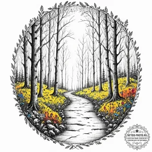 Tattoo design a misty, dreamlike pathway thro... - эскиз тату (№1752682063_0, 16.07.2025 16:07) — tattoo-photo.ru