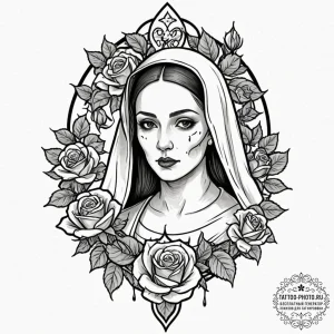 Nun, tattoo flash sheet design, on a clean wh... - эскиз тату (№1752684996_0, 16.07.2025 16:56) — tattoo-photo.ru