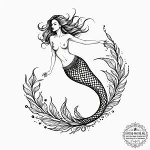 Tattoo sketch a dramatic, flowing mermaid's t... - эскиз тату (№1752685077_0, 16.07.2025 16:57) — tattoo-photo.ru