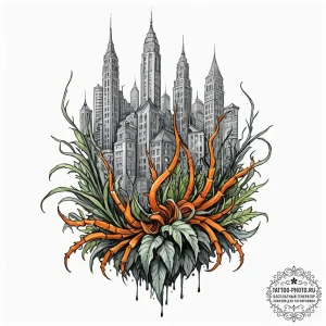 A watercolor sketch of a city overgrown with... - эскиз тату (№1752685483_0, 16.07.2025 17:04) — tattoo-photo.ru