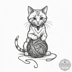 Tattoo design a small, mischievous cat playin... - эскиз тату (№1752689565_0, 16.07.2025 18:12) — tattoo-photo.ru