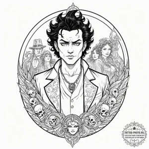 A graphic novel panel of the main characters... - эскиз тату (№1752691359_0, 16.07.2025 18:42) — tattoo-photo.ru