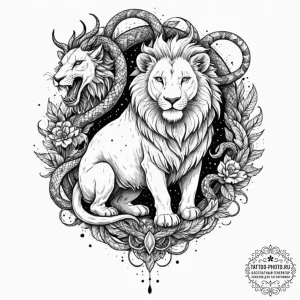 A dotwork design of a chimera, combining a li... - эскиз тату (№1752692736_0, 16.07.2025 19:05) — tattoo-photo.ru