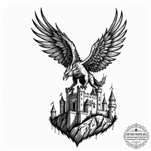 Tattoo sketch a stylized griffin flying over... - эскиз тату (№1752693138_0, 16.07.2025 19:12) — tattoo-photo.ru