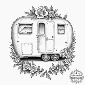 The interior of a classic airstream trailer,... - эскиз тату (№1752693696_0, 16.07.2025 19:21) — tattoo-photo.ru
