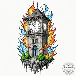 A neo-traditional design of the clock tower,... - эскиз тату (№1752694177_0, 16.07.2025 19:29) — tattoo-photo.ru