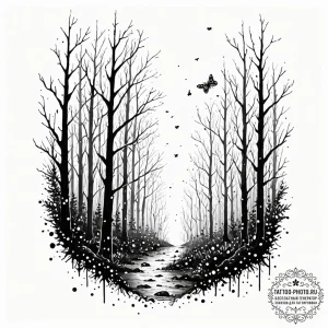 Tattoo sketch an ethereal forest scene with g... - эскиз тату (№1752694980_0, 16.07.2025 19:43) — tattoo-photo.ru