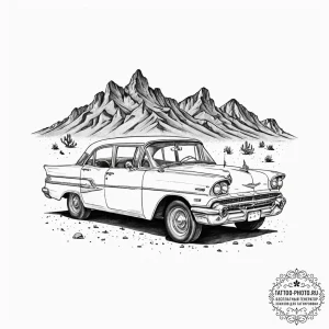 A dusty, forgotten vintage car left to rust i... - эскиз тату (№1752698772_0, 16.07.2025 20:46) — tattoo-photo.ru