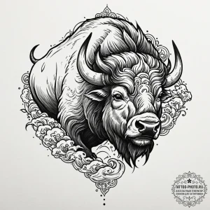 Tattoo design a powerful bison, head lowered,... - эскиз тату (№1752700105_0, 16.07.2025 21:08) — tattoo-photo.ru