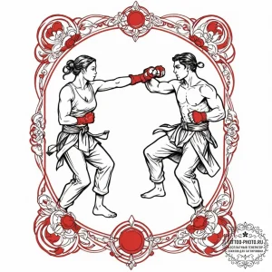 A linework tattoo of two figures sparring in... - эскиз тату (№1752704241_0, 16.07.2025 22:17) — tattoo-photo.ru