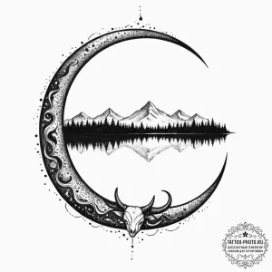 A design of veles's horns forming a crescent... - эскиз тату (№1752708490_0, 16.07.2025 23:28) — tattoo-photo.ru