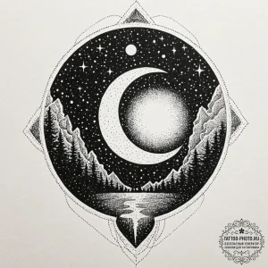 Tattoo design a dark sky with a powerful, glo... - эскиз тату (№1752711226_0, 17.07.2025 00:13) — tattoo-photo.ru