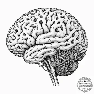 Tattoo design a human brain with integrated c... - эскиз тату (№1752711927_0, 17.07.2025 00:25) — tattoo-photo.ru