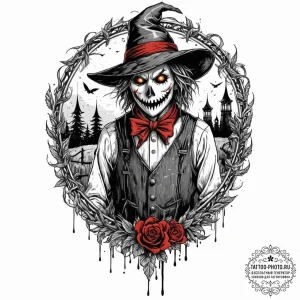 A trash polka design of a scarecrow brought t... - эскиз тату (№1752712083_0, 17.07.2025 00:28) — tattoo-photo.ru