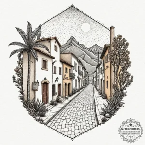 A narrow, colorful street in a mexican villag... - эскиз тату (№1752715941_0, 17.07.2025 01:32) — tattoo-photo.ru