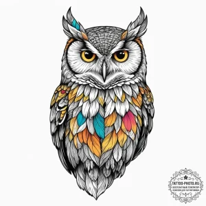 Tattoo design a watchful owl, eyes piercing,... - эскиз тату (№1752718670_0, 17.07.2025 02:17) — tattoo-photo.ru
