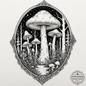 Tattoo sketch a glowing 1up mushroom with a m... - эскиз тату (№1752721061_0, 17.07.2025 02:57) — tattoo-photo.ru