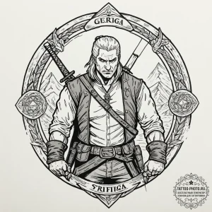 A graphic novel panel of geralt fighting the... - эскиз тату (№1752721459_0, 17.07.2025 03:04) — tattoo-photo.ru
