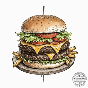 A juicy, gourmet cheeseburger with all the to... - эскиз тату (№1752723780_0, 17.07.2025 03:43) — tattoo-photo.ru