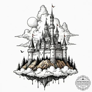 A watercolor sketch of a castle in the clouds... - эскиз тату (№1752724734_0, 17.07.2025 03:58) — tattoo-photo.ru