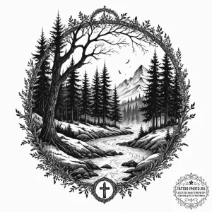 Tattoo design: a dark, mystical forest scene... - эскиз тату (№1752725611_0, 17.07.2025 04:13) — tattoo-photo.ru