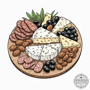 A charcuterie board with a variety of cheeses... - эскиз тату (№1752727567_0, 17.07.2025 04:46) — tattoo-photo.ru