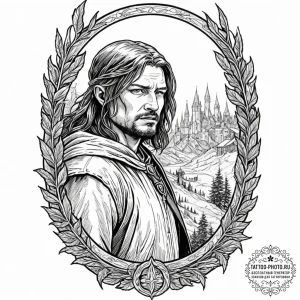 A graphic novel panel of boromir's last stand... - эскиз тату (№1752731239_0, 17.07.2025 05:47) — tattoo-photo.ru