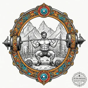Tattoo design a stylized barbell with weights... - эскиз тату (№1752731477_0, 17.07.2025 05:51) — tattoo-photo.ru