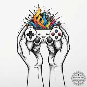 Tattoo design a gamer's hand holding a glowin... - эскиз тату (№1752731636_0, 17.07.2025 05:53) — tattoo-photo.ru