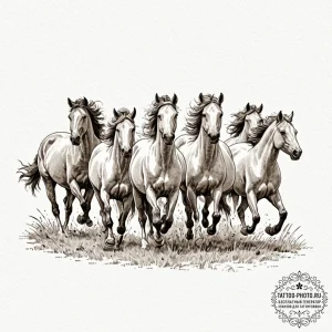A herd of wild horses galloping across a gras... - эскиз тату (№1752732040_0, 17.07.2025 06:00) — tattoo-photo.ru