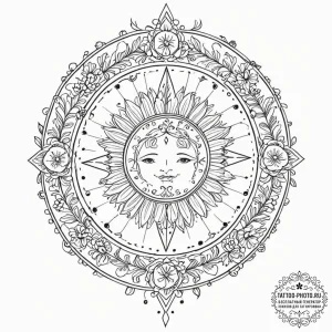 Tattoo design a zodiac glyph (symbol) with su... - эскиз тату (№1752734598_0, 17.07.2025 06:43) — tattoo-photo.ru
