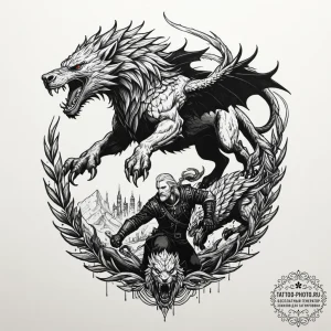 A graphic novel style tattoo of geralt fighti... - эскиз тату (№1752734677_0, 17.07.2025 06:44) — tattoo-photo.ru