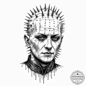 A trash polka portrait of pinhead from hellra... - эскиз тату (№1752735044_0, 17.07.2025 06:50) — tattoo-photo.ru