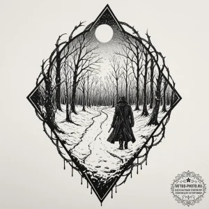 A graphic novel panel of the bloody snow from... - эскиз тату (№1752736670_0, 17.07.2025 07:17) — tattoo-photo.ru