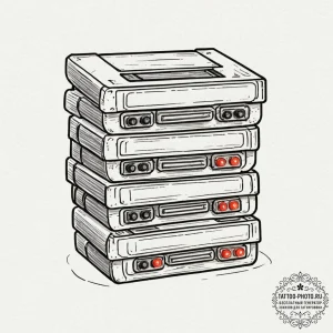 Tattoo design a stack of retro gaming cartrid... - эскиз тату (№1752736748_0, 17.07.2025 07:19) — tattoo-photo.ru