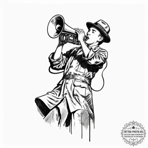 Tattoo design a lone bugle playing taps in a... - эскиз тату (№1752736826_0, 17.07.2025 07:20) — tattoo-photo.ru